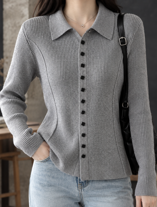 Fiona-Grace Ribbed Women's Cardigan - Grey