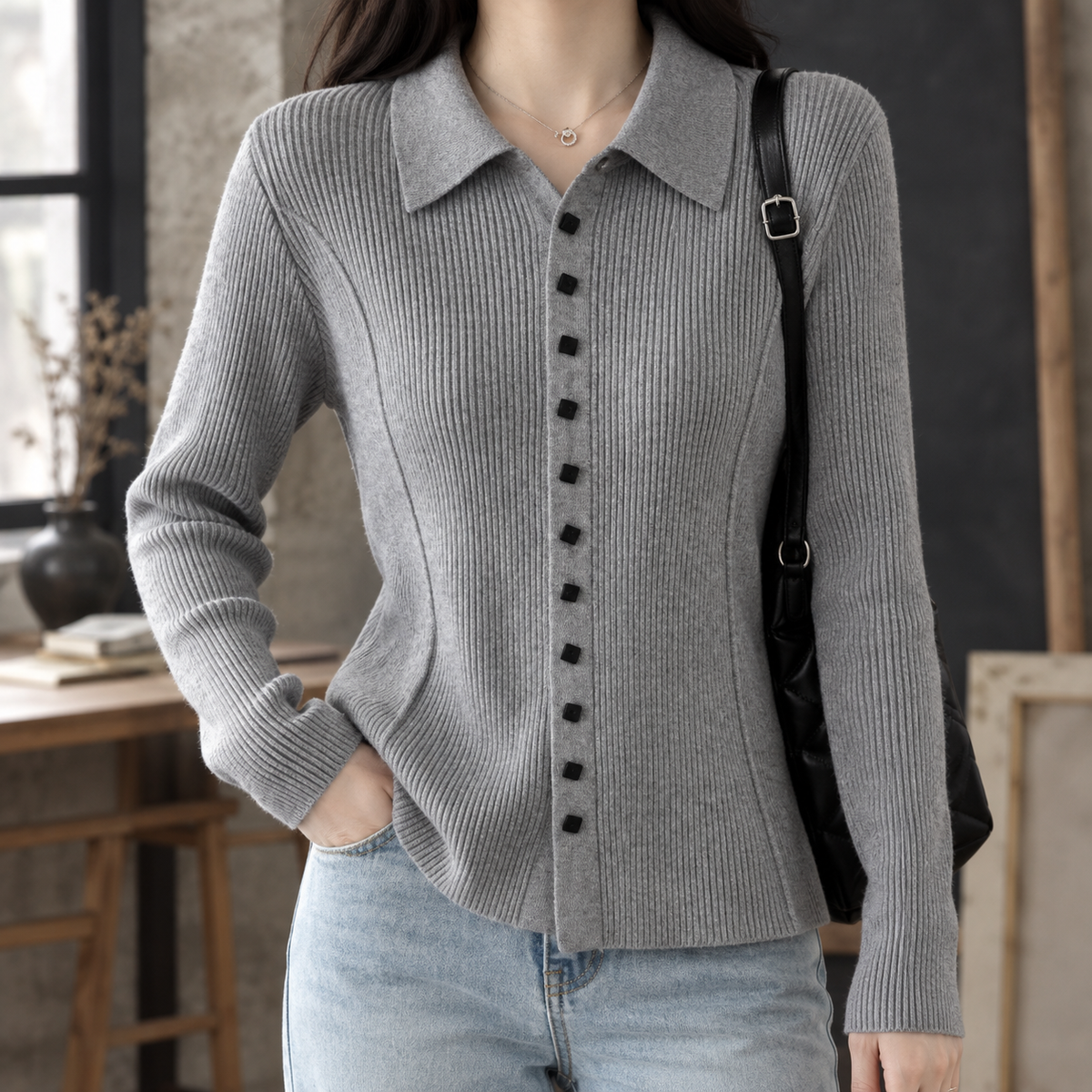 Fiona-Grace Ribbed Women's Cardigan - Grey