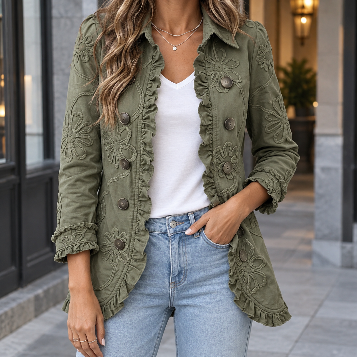 Jemima-Grace Ruffle Women's Jacket - Green