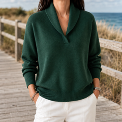 Women’s Fine-Knit Shawl-Collar Jumper in Green