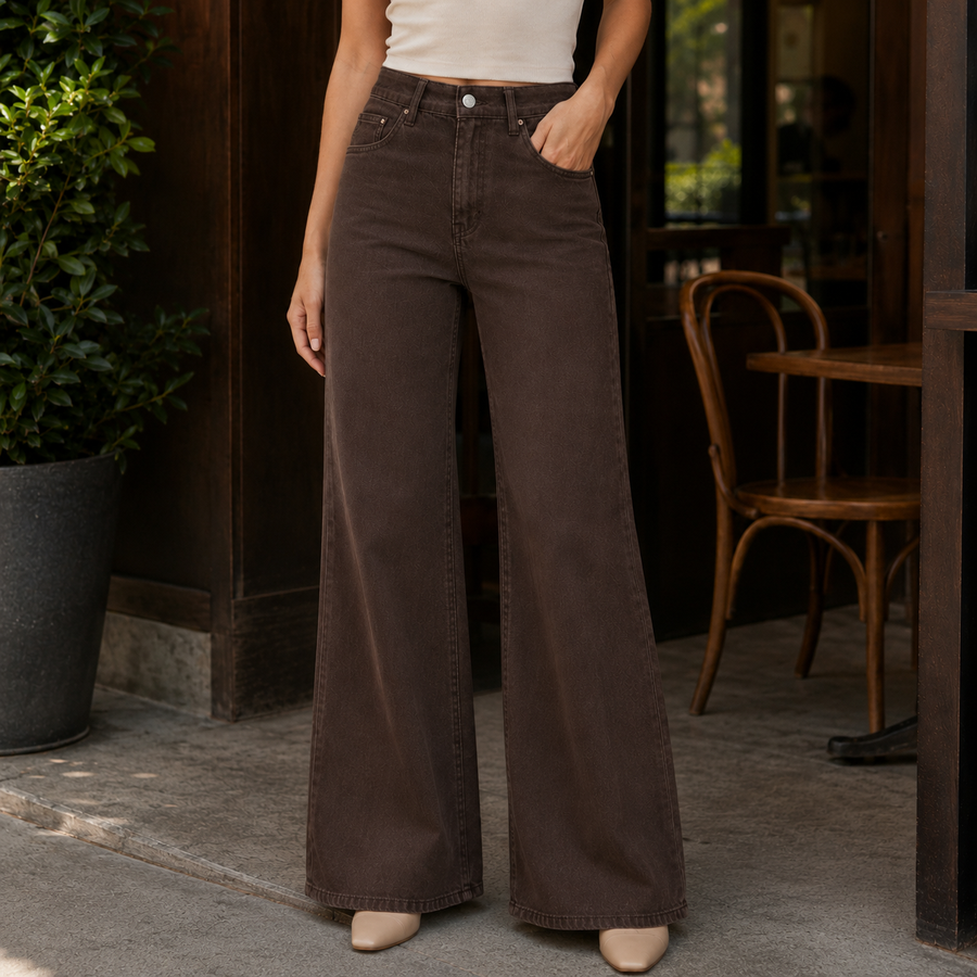 Women’s High-Rise Five-Pocket Wide-Leg Jeans in Dark Brown
