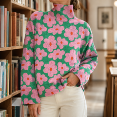Women’s Floral High-Neck Knit Jumper in Flower Pattern