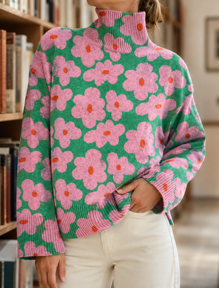 Women’s Floral High-Neck Knit Jumper in Flower Pattern