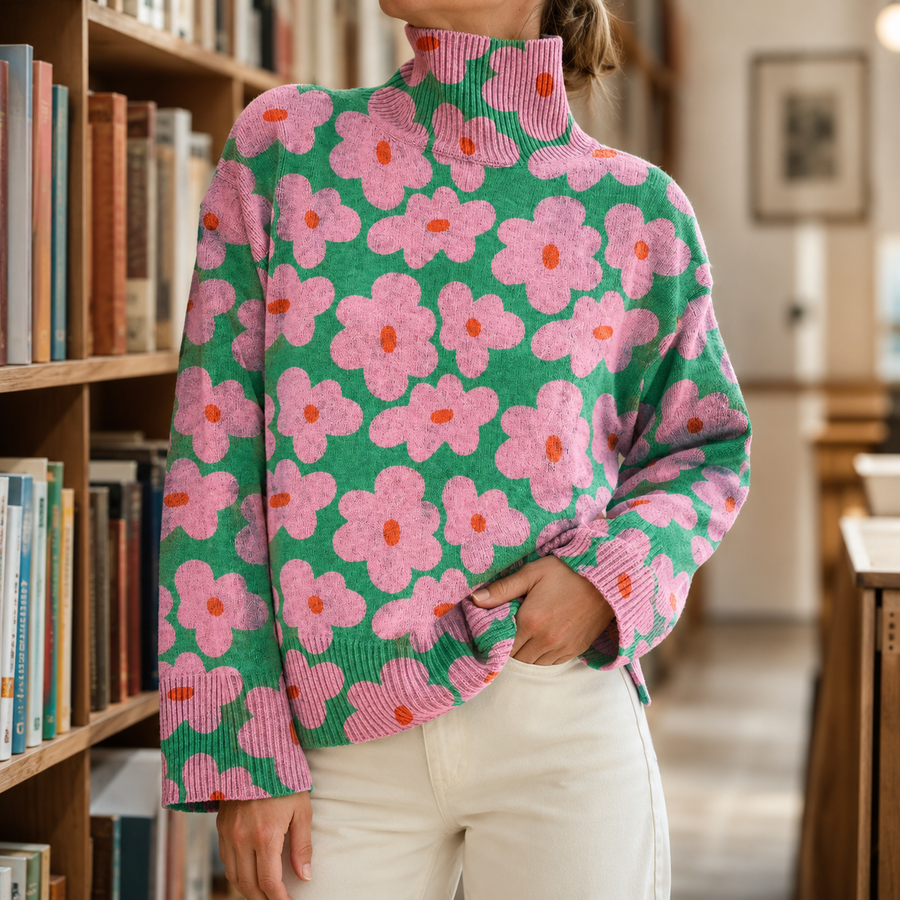 Women’s Floral High-Neck Knit Jumper in Flower Pattern