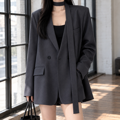 Women’s Longline Scarf-Collar Relaxed Blazer in Grey