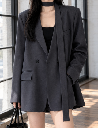 Women’s Longline Scarf-Collar Relaxed Blazer in Grey