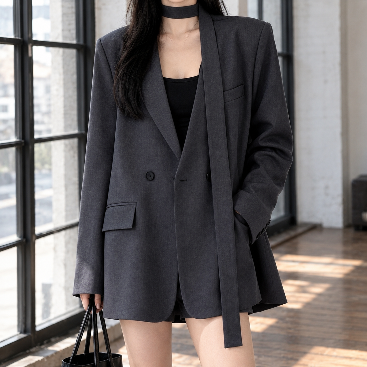 Women’s Longline Scarf-Collar Relaxed Blazer in Grey