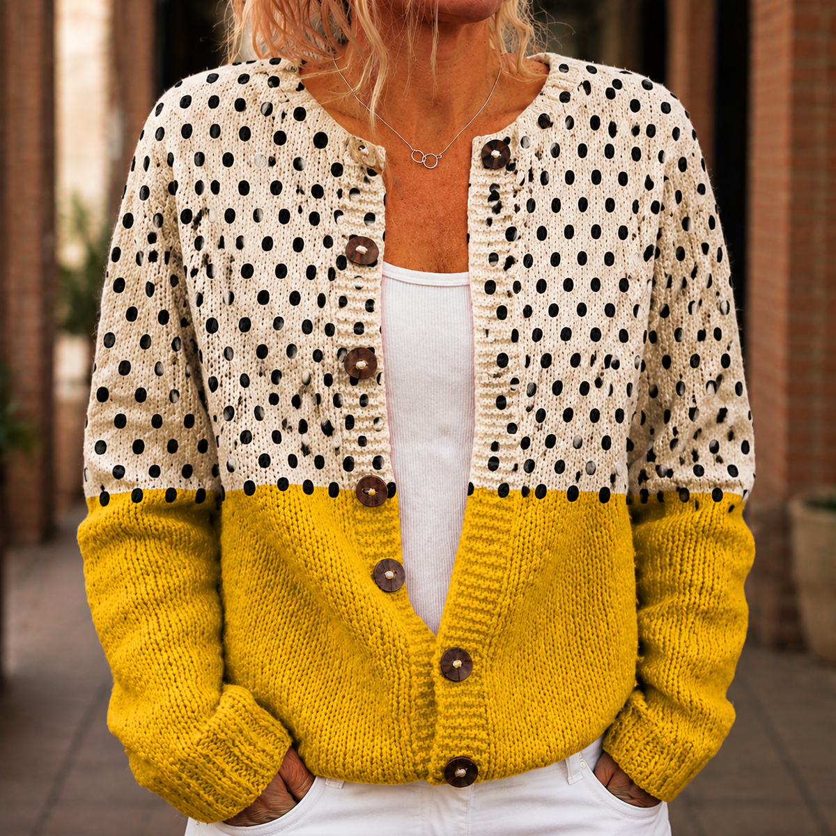Women’s Polka-Dot Colour-Block Cardigan in Mustard Cream