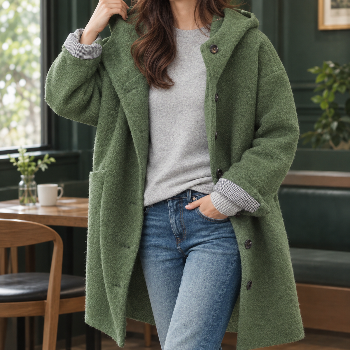 Antonia-Sage Hooded Women's Coat - Bean Green