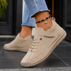 Women’s Strap-Fastening Elastic-Lace Casual Trainers in Beige