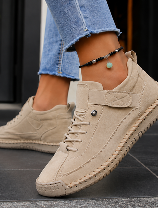Women’s Strap-Fastening Elastic-Lace Casual Trainers in Beige