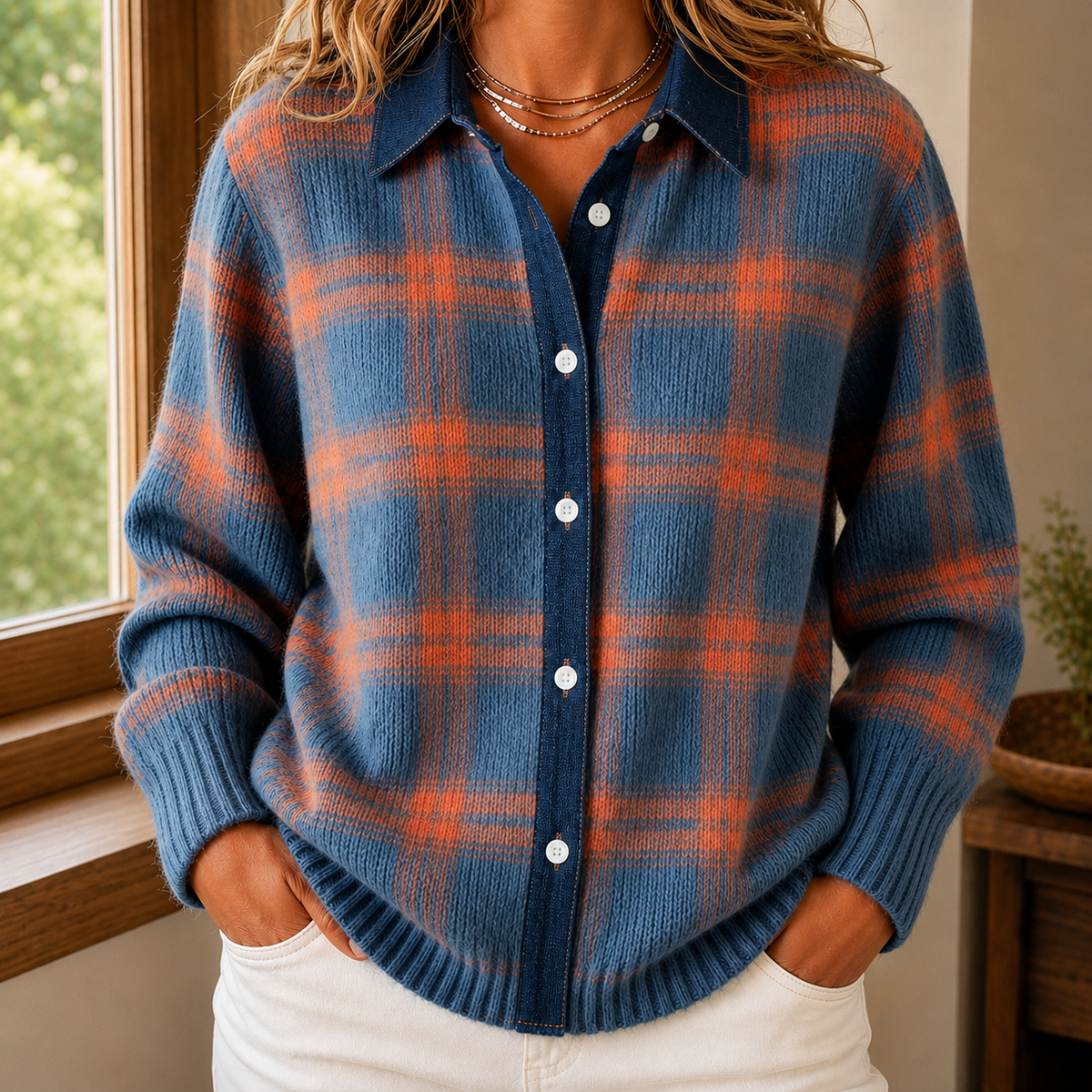 Women’s Windowpane Check Collared Cardigan in Blue