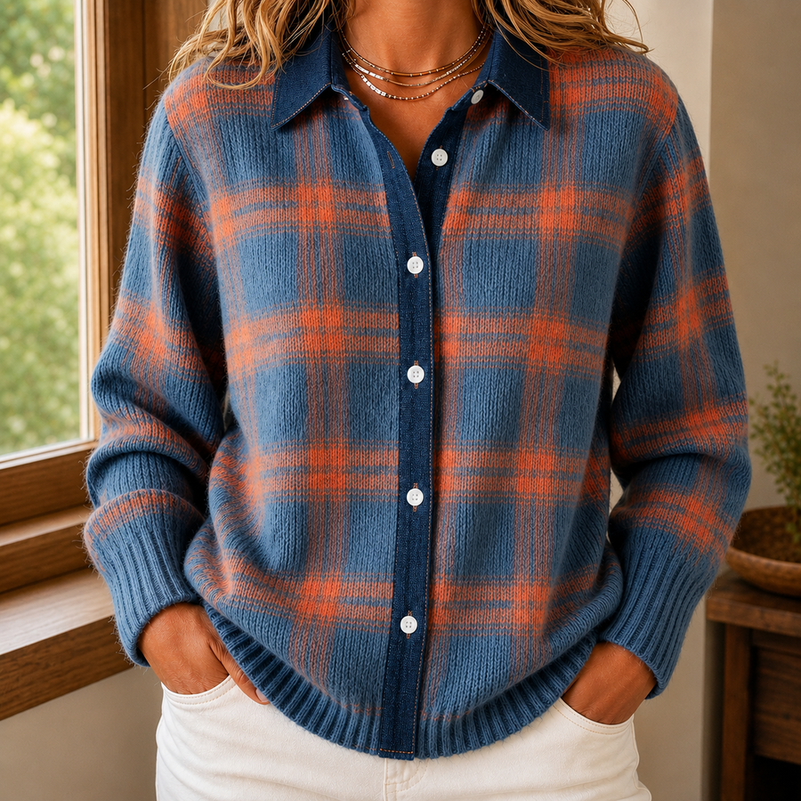 Women’s Windowpane Check Collared Cardigan in Blue