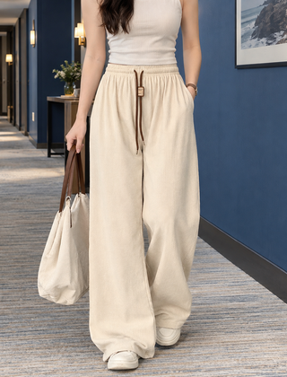 Women’s Fine-Rib Drawstring Full-Length Wide-Leg Trousers in Cream White