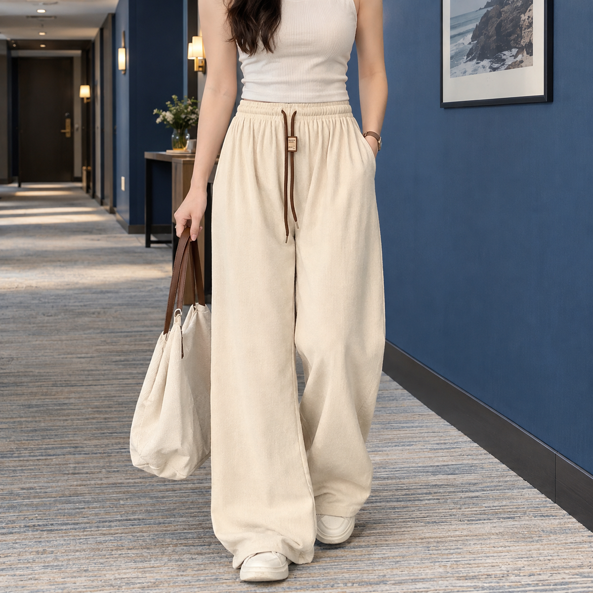 Women’s Fine-Rib Drawstring Full-Length Wide-Leg Trousers in Cream White