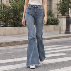 Women’s High-Rise Stretch Flared Jeans with Raw Hems in Retro Blue
