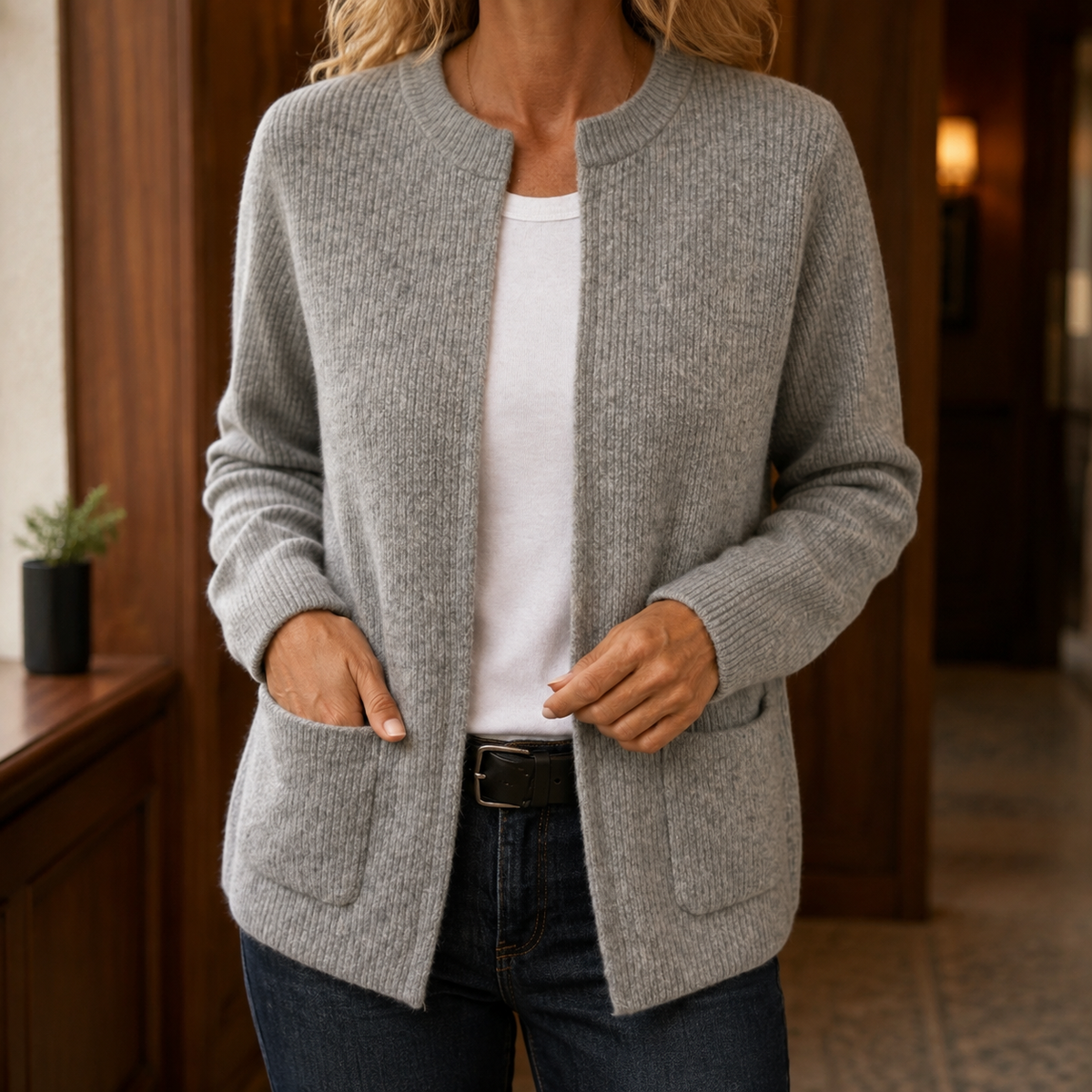 Women’s Ribbed Pocket Detail Cardigan in Grey