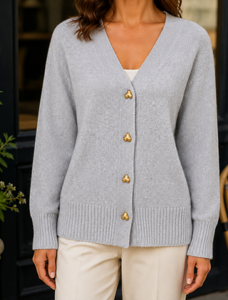 Women’s Heart-Button V-Neck Cardigan in Grey