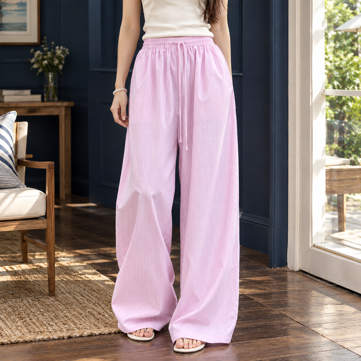 Women’s Striped Drawstring Floor-Length Wide-Leg Trousers in Pink