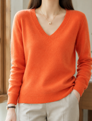 Evadne V Neck Women's Sweater - Orange