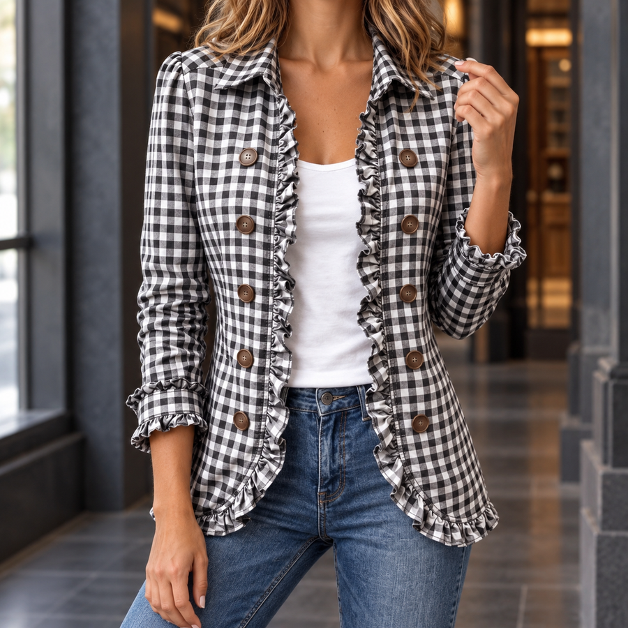 Women’s Gingham Ruffle-Trim Shaped Jacket in Black