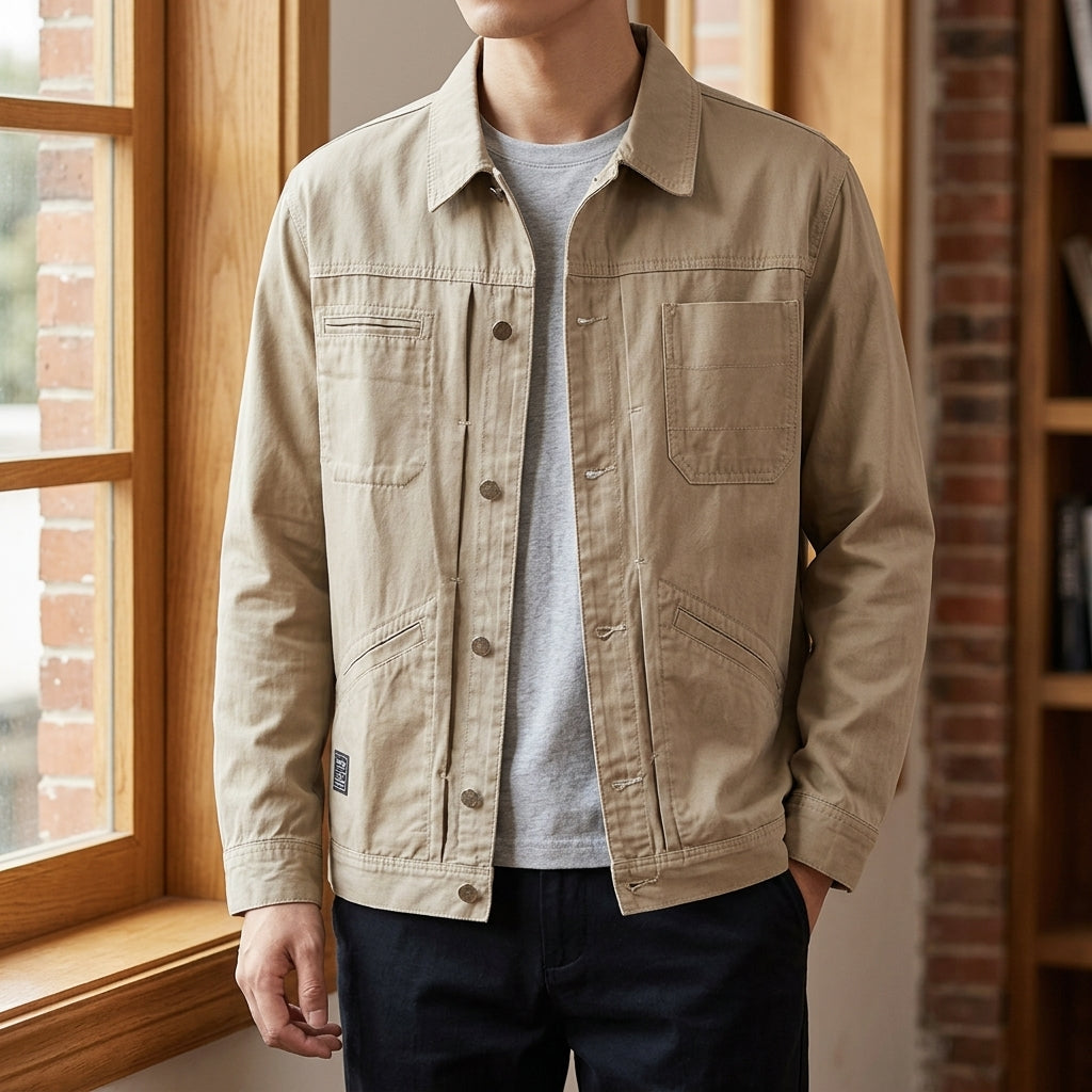 Men’s Four-Pocket Denim Utility Jacket in Khaki