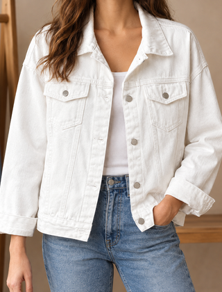 Women’s Cotton-Blend Four-Pocket Denim Jacket in White