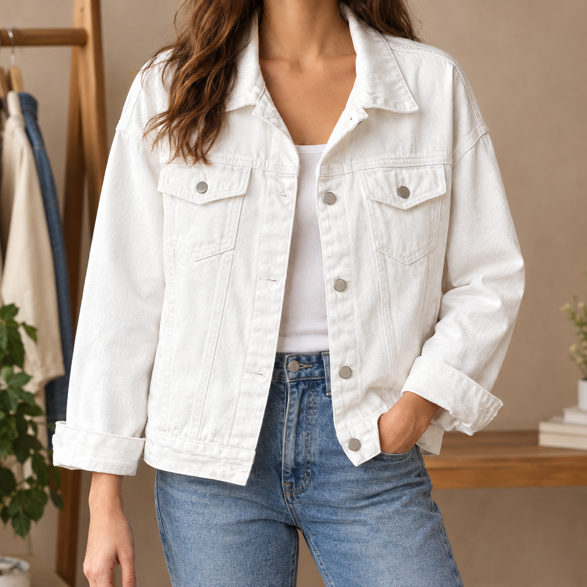 Women’s Cotton-Blend Four-Pocket Denim Jacket in White