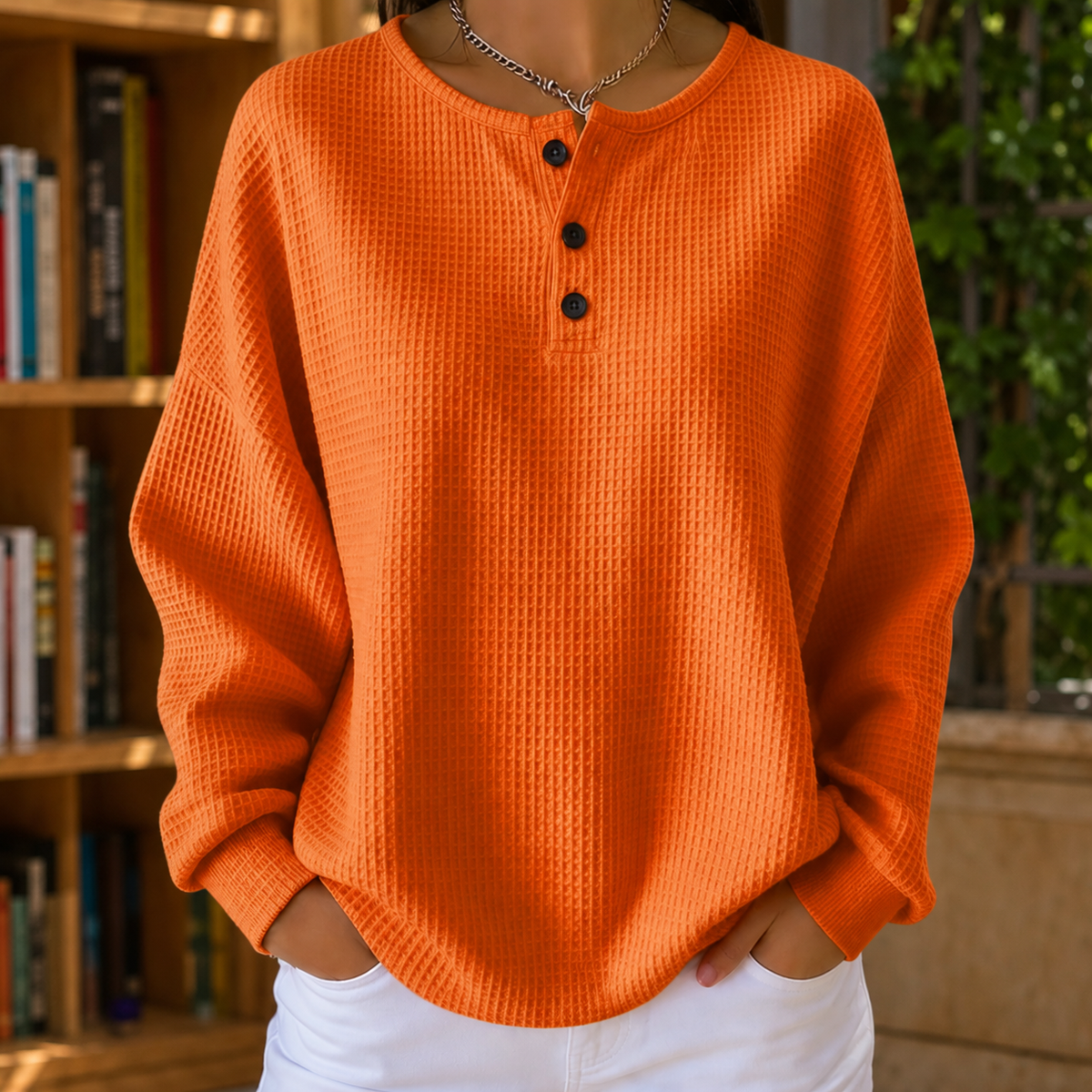 Women’s Waffle-Knit Henley Jumper in Orange