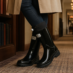 Women’s Drawstring-Cuff Knee-High Rubber Boots in Black