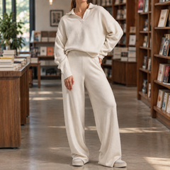 Women’s Long-Sleeve Polo-Collar Top and Wide-Leg Trouser Set in Off-White