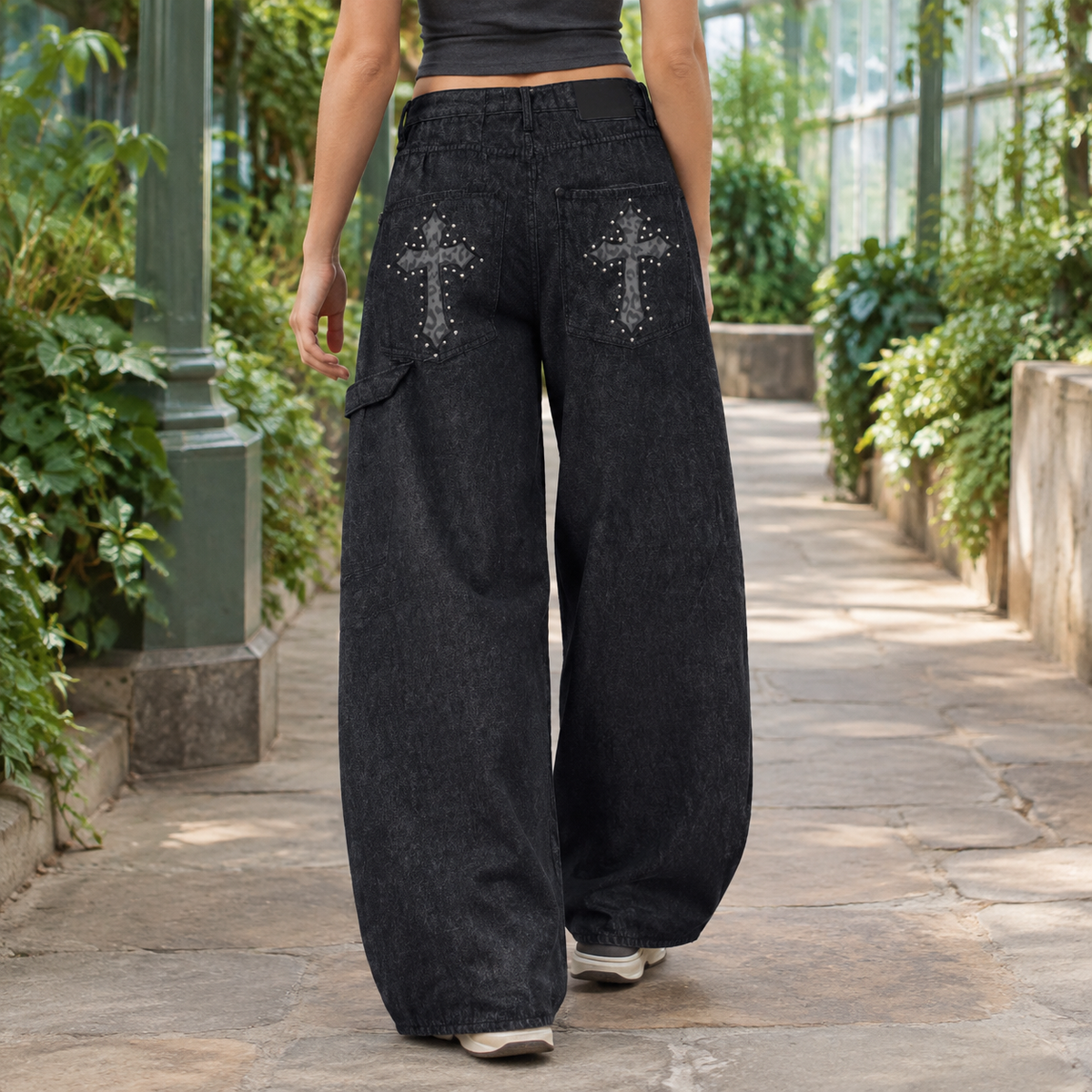 Women’s Embellished Cross-Detail Wide-Leg Denim Jeans in Black