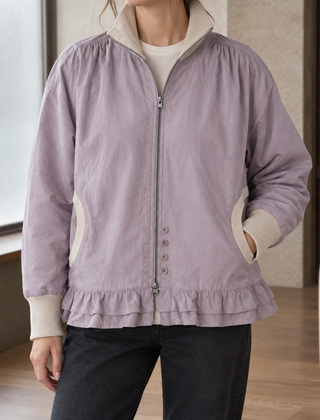 Women’s Stand-Collar Double-Ruffle Zip Jacket in Mist Purple