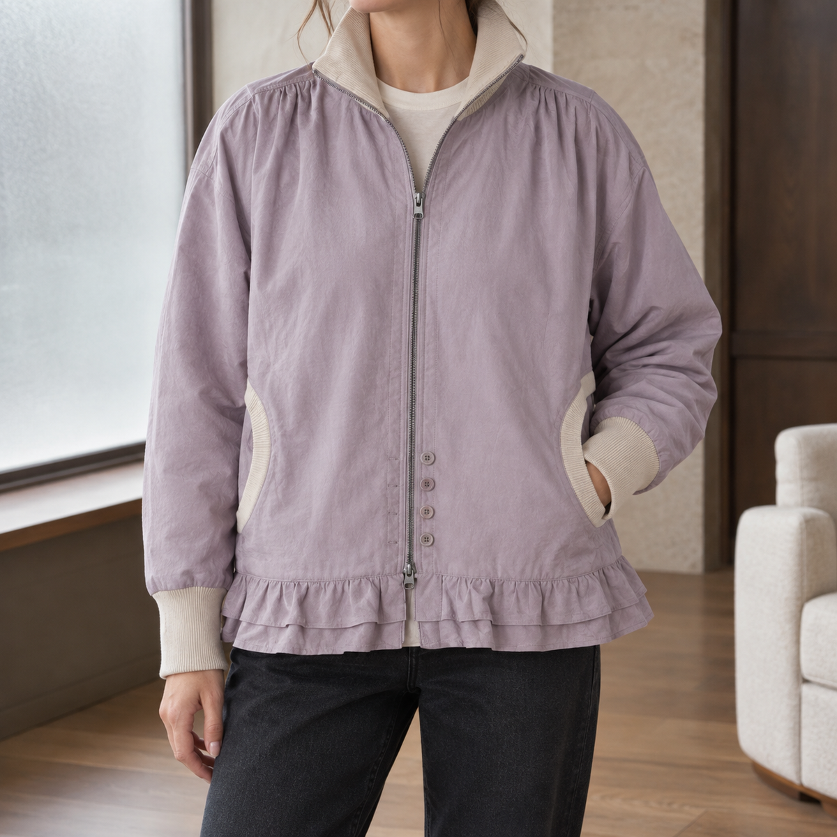 Women’s Stand-Collar Double-Ruffle Zip Jacket in Mist Purple