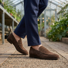 Men’s Suede-Effect Apron-Seam Penny Loafers in Brown