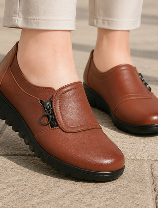 Women’s Padded-Vamp Side-Zip Casual Shoes in Brown