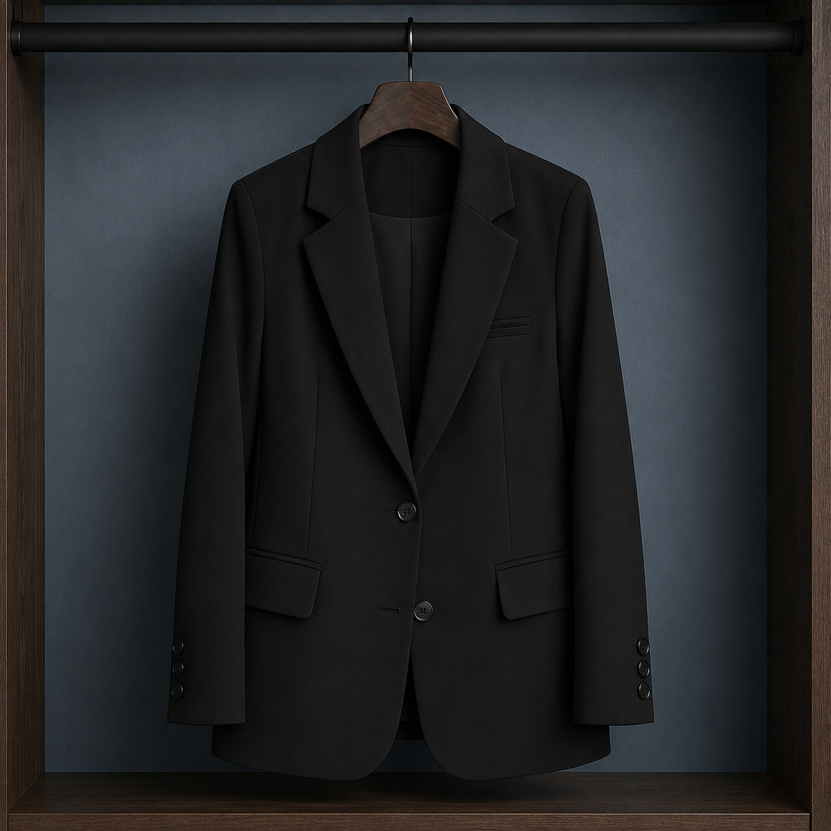 Women’s Two-Button Three-Pocket Tailored Blazer in Black
