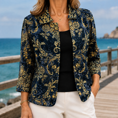 Women’s Baroque-Pattern Open-Front Jacket in Dark Blue/ Gold