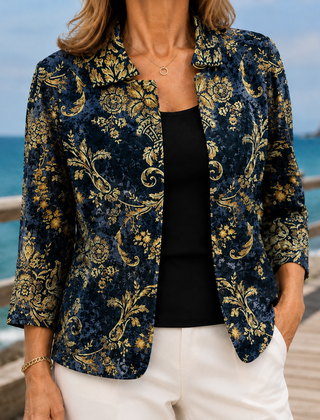 Women’s Baroque-Pattern Open-Front Jacket in Dark Blue/ Gold