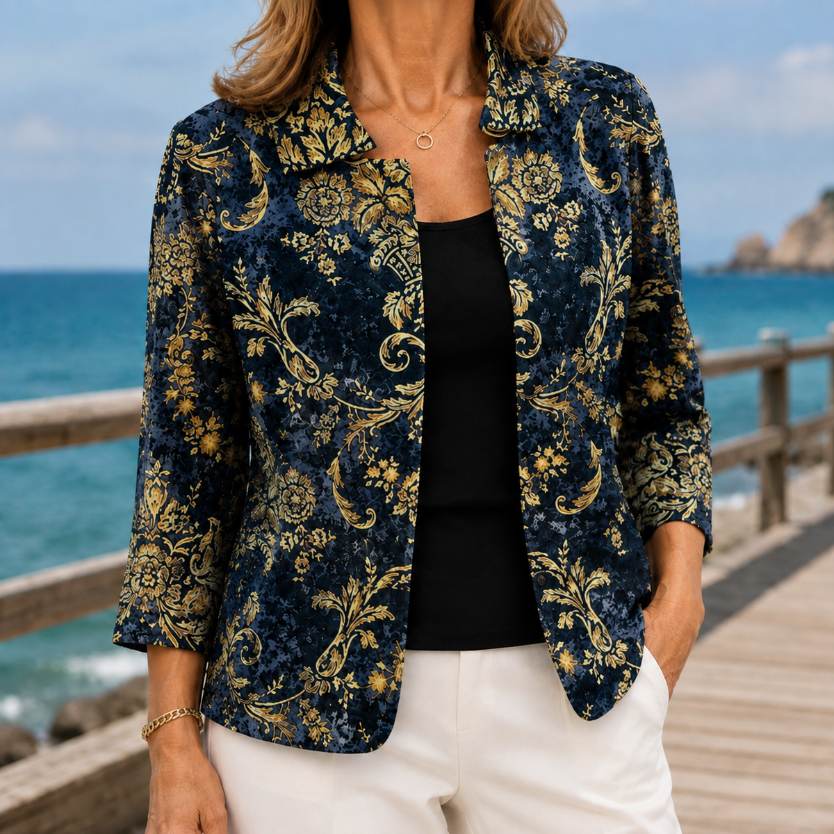 Women’s Baroque-Pattern Open-Front Jacket in Dark Blue/ Gold