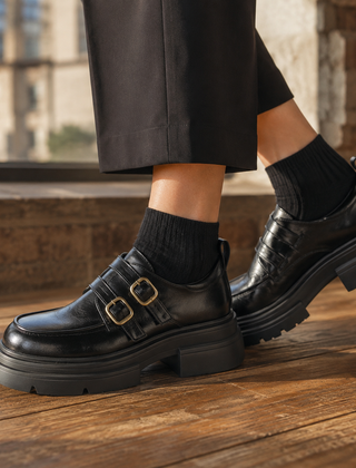 Women’s Leather Double-Monk Platform Shoes in Black