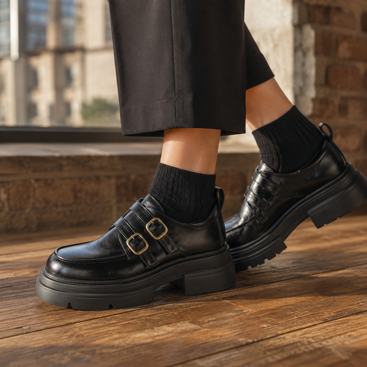 Women’s Leather Double-Monk Platform Shoes in Black