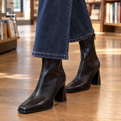 Women’s Square-Toe Flared-Heel Zip Ankle Boots in Black (Single Lining)