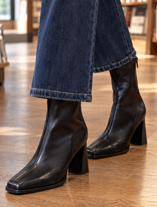 Women’s Square-Toe Flared-Heel Zip Ankle Boots in Black (Single Lining)