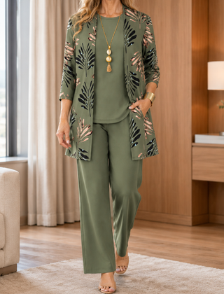 Women’s Three-Piece Longline Cardigan and Trouser Set in Green