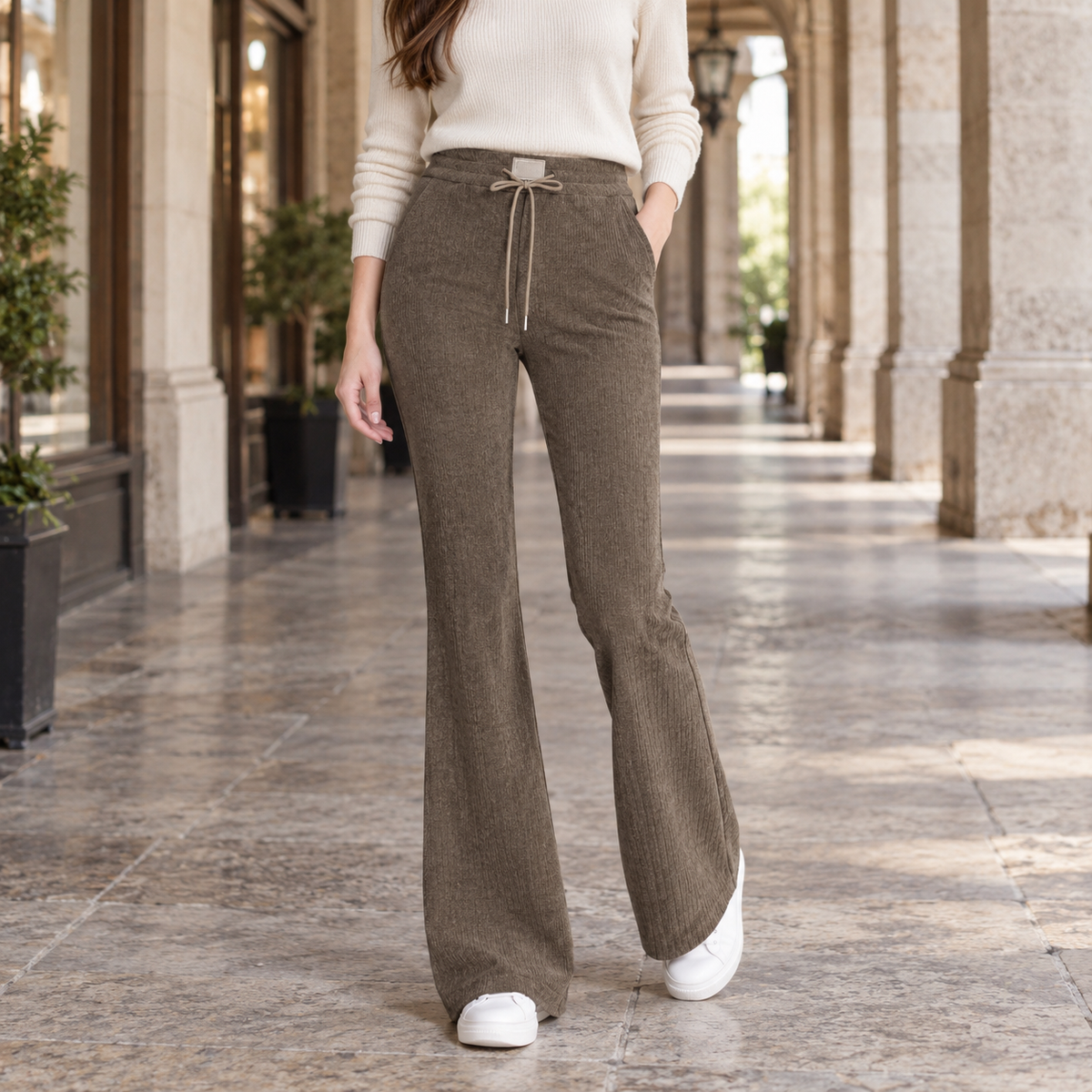 Women’s Textured Drawstring Full-Length Flared Trousers in Khaki