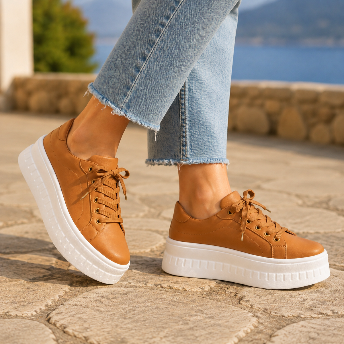 Women’s Lace-Up Chunky Platform Trainers in Brown
