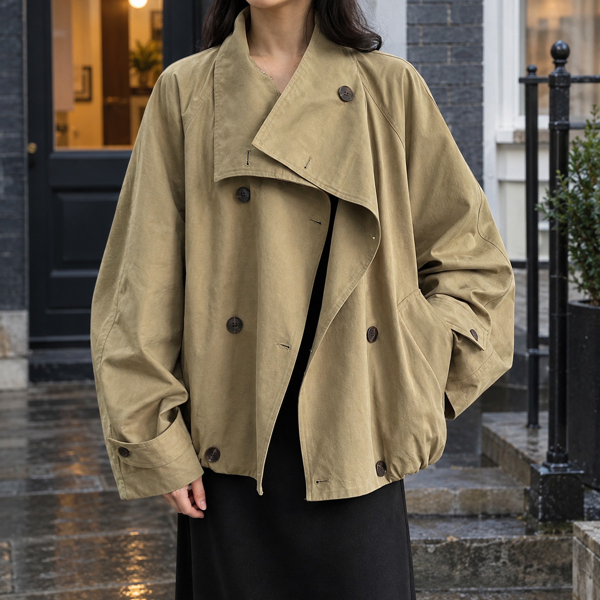 Women’s Cotton-Blend Double-Breasted Cocoon Jacket in Khaki