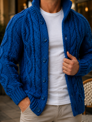 Caius Cable Knit Men's Sweater - Dark Blue