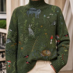 Men’s Patterned Rib-Neck Knit Jumper in Forest Green Woodland